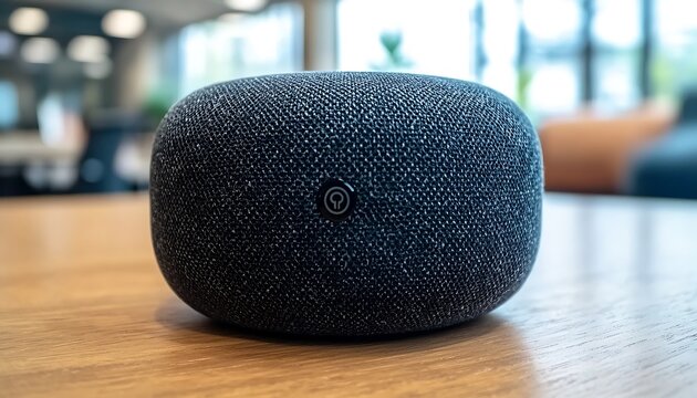 Fabric-covered smart speaker on wood table