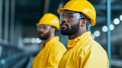 Engineers in protective gear inspecting factory conveyor systems subtle natural lighting high contrast