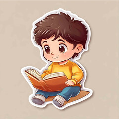 create an simple sticker showing a cute child reading a book no shadows no background