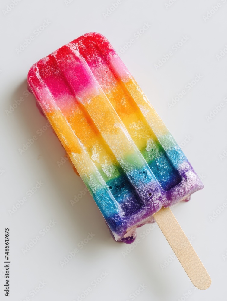 Poster colorful rainbow popsicle melting on a white surface during a warm summer day generative ai