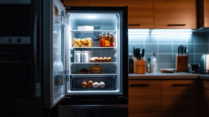 A well-organized refrigerator stands in a contemporary kitchen, showcasing neatly arranged items including beverages, eggs, and packaged food. Soft lighting enhances the modern aesthetic