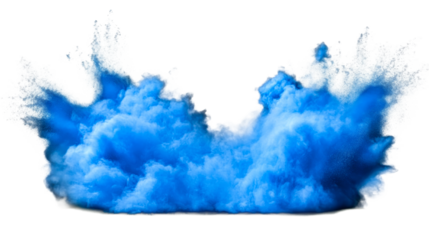 Vivid blue paint powder explosion on a dark backdrop, cut out transparent