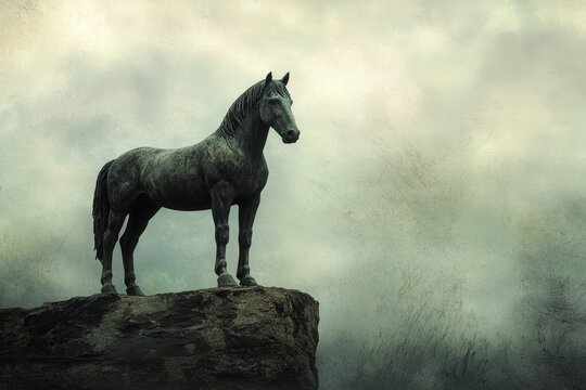 A solitary dark horse statue atop a rocky peak.