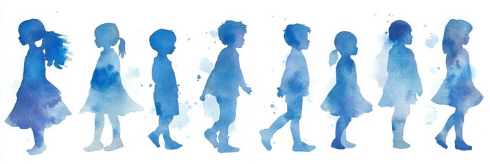Watercolor Silhouettes of Children for Missing Children's Day - Blue watercolor silhouettes of children symbolize hope, innocence, vulnerability, search