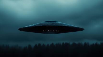 Obraz premium A metallic UFO is seen suspended in the air above a dense forest as dark clouds loom overhead. Lights on the craft emanate a faint glow, creating an eerie ambiance in the twilight