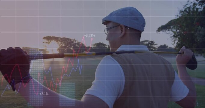 Mature golfer carrying golf bag on golf course, showing financial tech data graphs and percentages