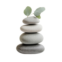 Fototapeta premium Zen stones stacked with leaves isolated on transparent background