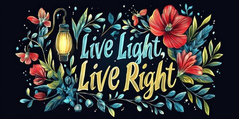 Carbon footprint reduction with renewable awareness idea. Live Light, Live Right floral illustration with lantern.
