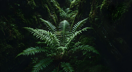 Obraz premium Lush Fern Unfurling Amidst Shady Woodland Undergrowth For Beautiful Landscape