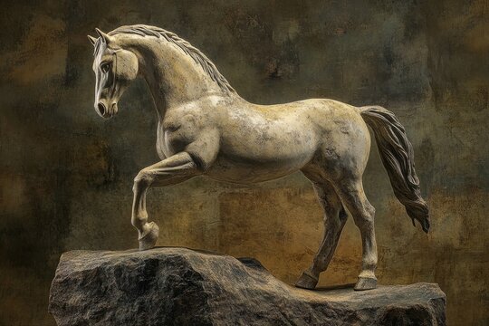 A  statuesque equine figure atop a rocky outcrop.