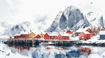 Naklejka premium Winter Village by the Fjord - Scenic watercolor painting of red houses in a snowy winter village nestled by a fjord, mountains in the background