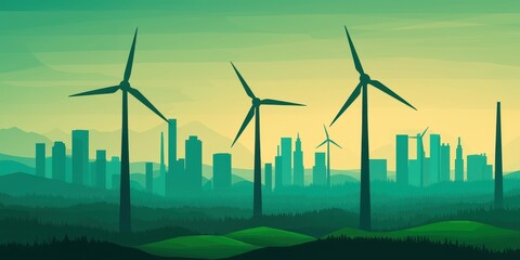 Carbon footprint reduction with renewable awareness idea. Wind turbines against a city skyline at sunset.