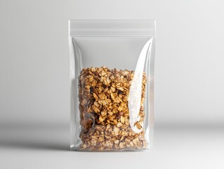 Clear plastic resealable bag filled with crunchy granola clusters isolated on a plain background perfect for healthy snack or breakfast food imagery