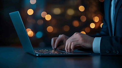 Business analyst reviewing stock performance hightech UI elements surrounding workspace modern and professional feel