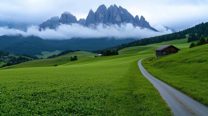A tranquil pathway meanders through lush green fields, framed by towering mountains shrouded in clouds. The serene landscape captures the peaceful beauty of the Dolomites