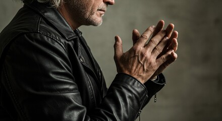 Man in leather jacket rubbing hands together cold weather fashion style mature adult male portrait closeup shot