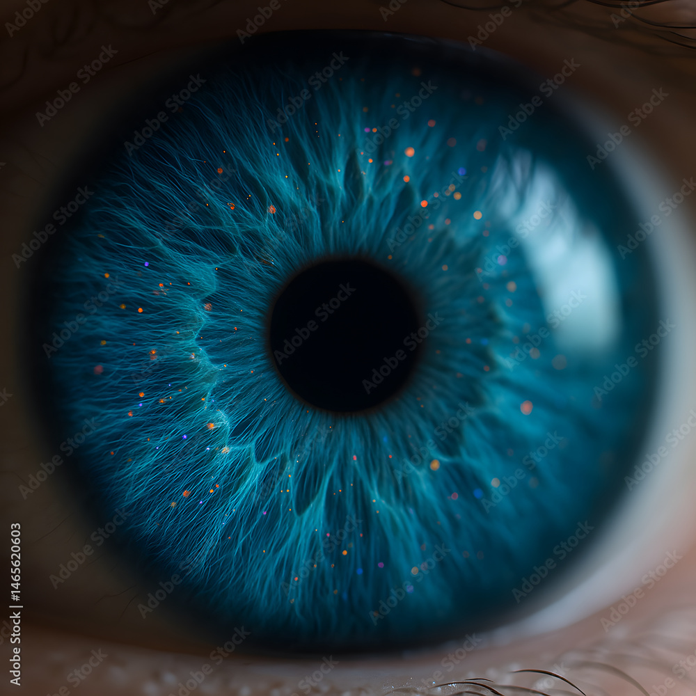 Poster a macro close-up of a vibrant blue human eye with intricate detail and sparkling particles in the ir