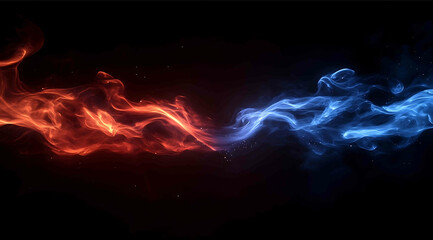 An image of two flames colliding one blue and the other red The background is dark with a hint of light There should be smoke around them Use a highresolution animation style to dep