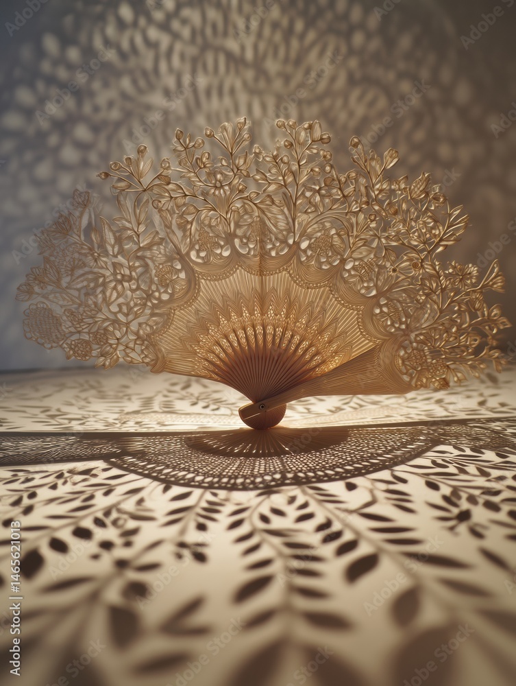 Leinwandbilder intricate paper fan casting elaborate shadows on a textured surface during a warm afternoon generati