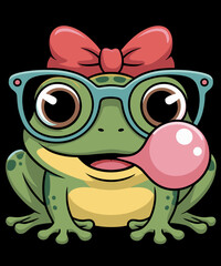 Cute Frog Wearing Glasses & Blowing Pink Bubble Gum
