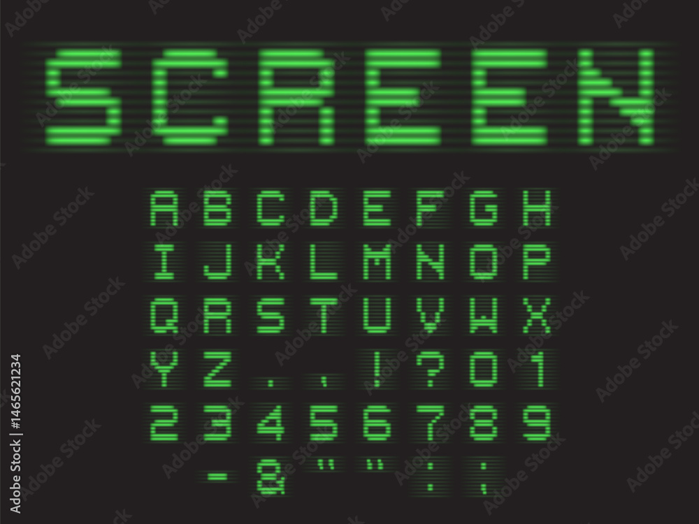 Poster crt monitor screen effect latin font. uppercase with numbers