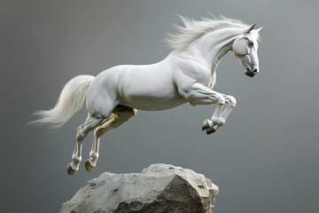 Powerful white horse leaping over a rock.