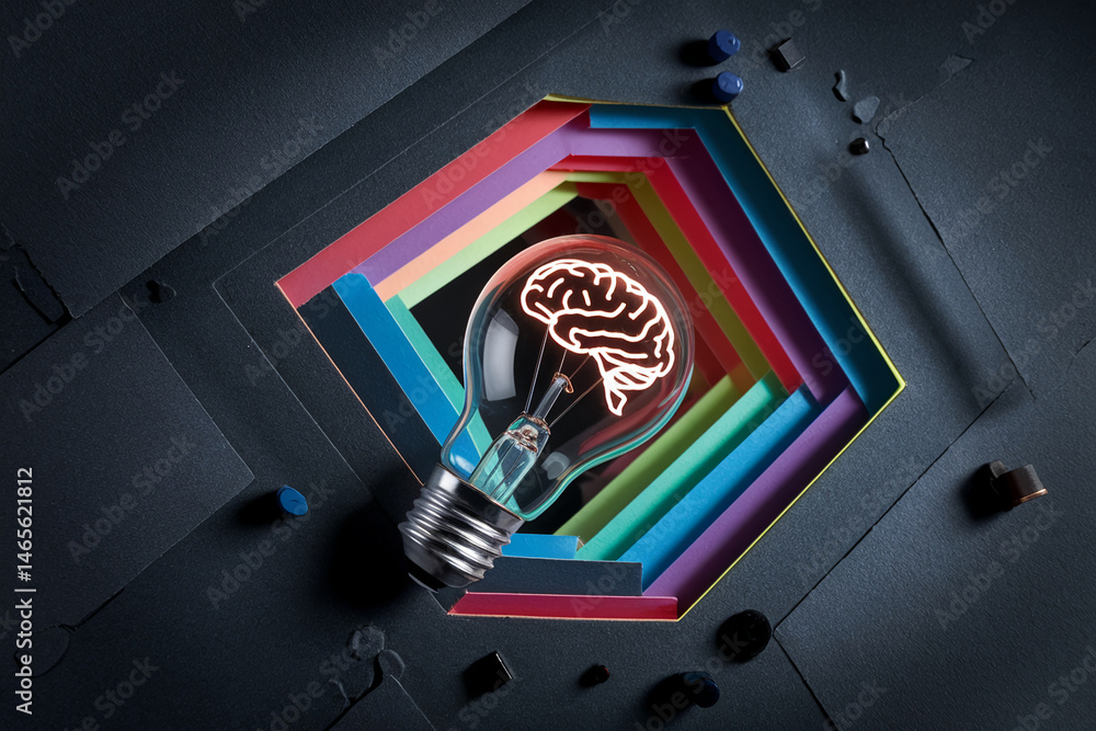 Poster lightbulb with brain inside, nestled in colorful layers, showcasing idea generation and innovation c