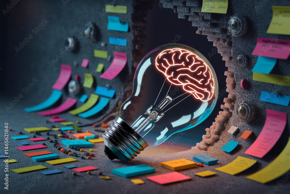 Poster lightbulb with brain inside, surrounded by colorful sticky notes, suggesting brainstorming and idea 