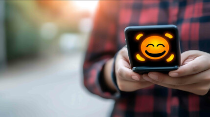 Young woman scrolling her phone with glowing emoji overlays representing digital interaction warm tones blurred background outdoor setting