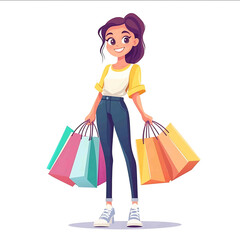 A cute cartoonstyle illustration of a happy young woman standing with large shopping bags after a successful shopping spree She has a cheerful expression wearing fashionable clothes