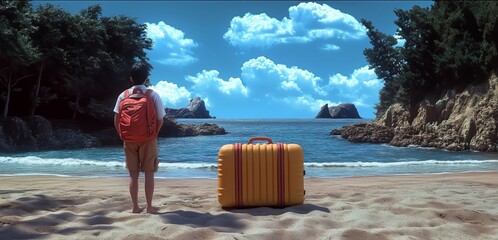 Naklejka premium A young traveler with luggage gazing at a serene coastal view on a sunny day