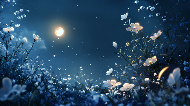 A serene night scene with glowing flowers. moonbeam whispers. illustration. [Solar Echoes] | Whispered Glow | faint brilliance. Illustration