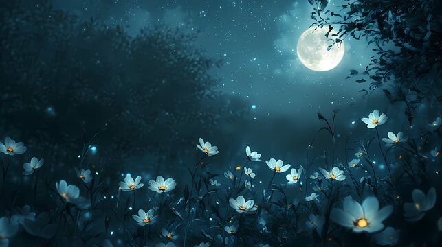 A serene night scene with glowing flowers. moonbeam whispers. illustration. [Solar Echoes] | Whispered Glow | faint brilliance. Illustration