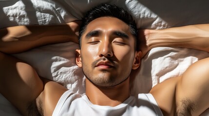 Fototapeta premium Relaxed man sleeping in sunlight with hands behind head resting peacefully on crisp white bedsheet