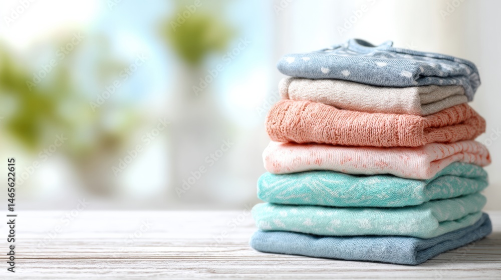 Aufkleber Neatly Folded Stack of Baby Clothes on a Wooden Surface With a Softly Blurred Background Showcasing a Warm and Inviting Atmosphere Generative AI
