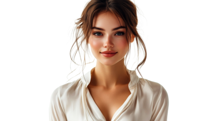 Portrait of serene woman with neutral expression, cut out transparent