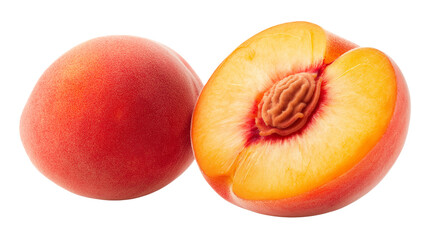 A full peach is juicy, sweet, and fragrant with a fuzzy skin, while the other half reveals a soft, tender flesh surrounding a pit isolated on white background or transparent png