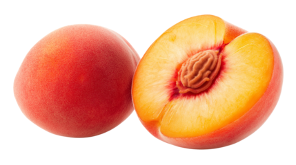 A full peach is juicy, sweet, and fragrant with a fuzzy skin, while the other half reveals a soft, tender flesh surrounding a pit isolated on white background or transparent png