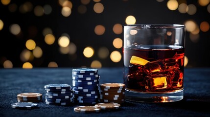 Whiskey with ice sits in a clear glass alongside a stack of poker chips on a dark table. Soft bokeh lights create a festive atmosphere, suggesting a lively gaming night