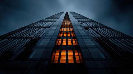 A striking view of a tall modern building glowing with warm orange light from its windows as dark storm clouds loom overhead during dusk. The contrast creates a dramatic atmosphere