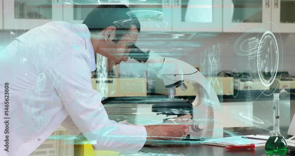 Poster scientist leaning over microscope in science lab viewing holographic molecular structure and graphs