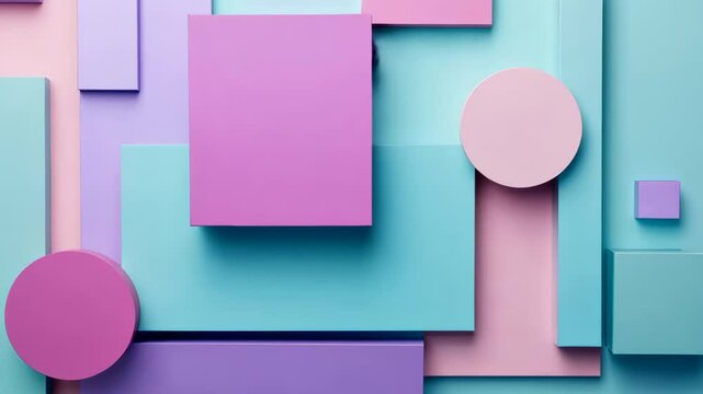 3D blocks of different shapes and sizes interlock to create a wall. Purple and Turquoise Tech wallpaper with copy-space.