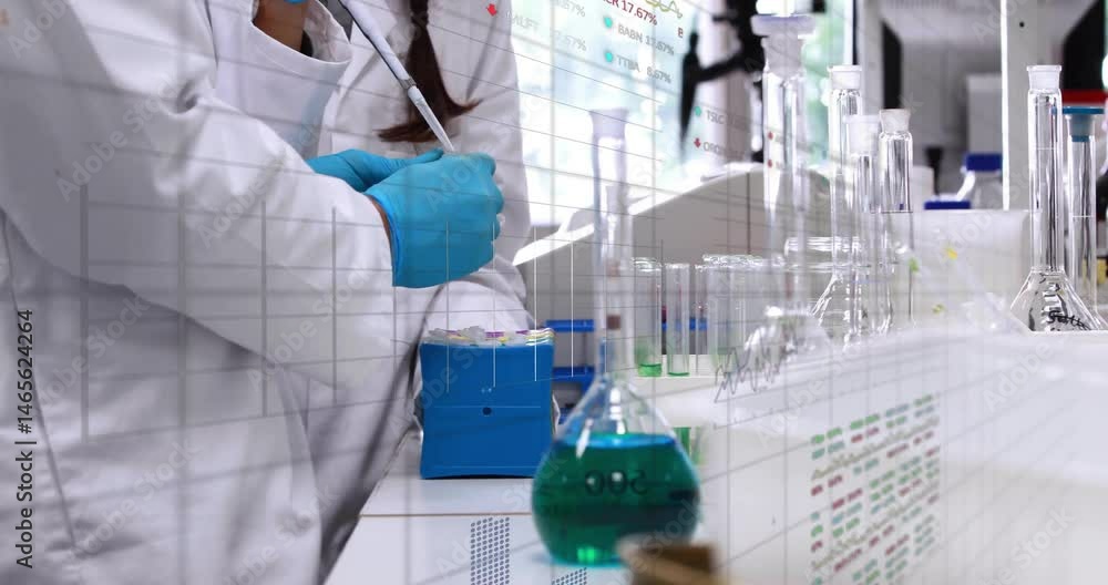 Poster female lab technician handling pipette near flask, overlaying science graphs and colored visuals