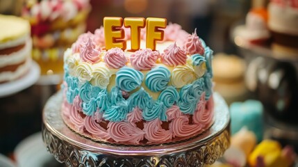 Colorful birthday cake with the letters ETF, ETF or stocks as an successful investment vehicle, 16:9