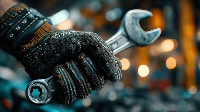 Gloved hand holding a wrench, repair equipment background