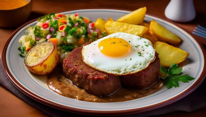 Leberk&auml;se mit Spiegelei und Kartoffelsalat