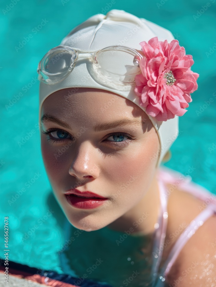 Poster retro swimming cap with flower detail at the edge of a pool during a sunny day in summer, swimmer po
