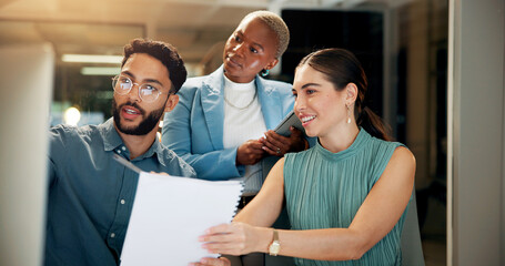 Business people, night or computer with documents for financial planning, project deadline or...