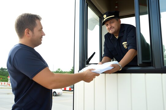 Truck driver presenting shipping documents to customs official at land border crossing booth
