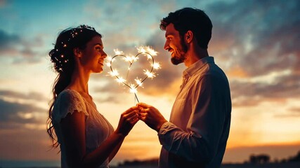 Couple holding sparklers in the shape of a heart, set against a pastel-toned sky. - Powered by Adobe